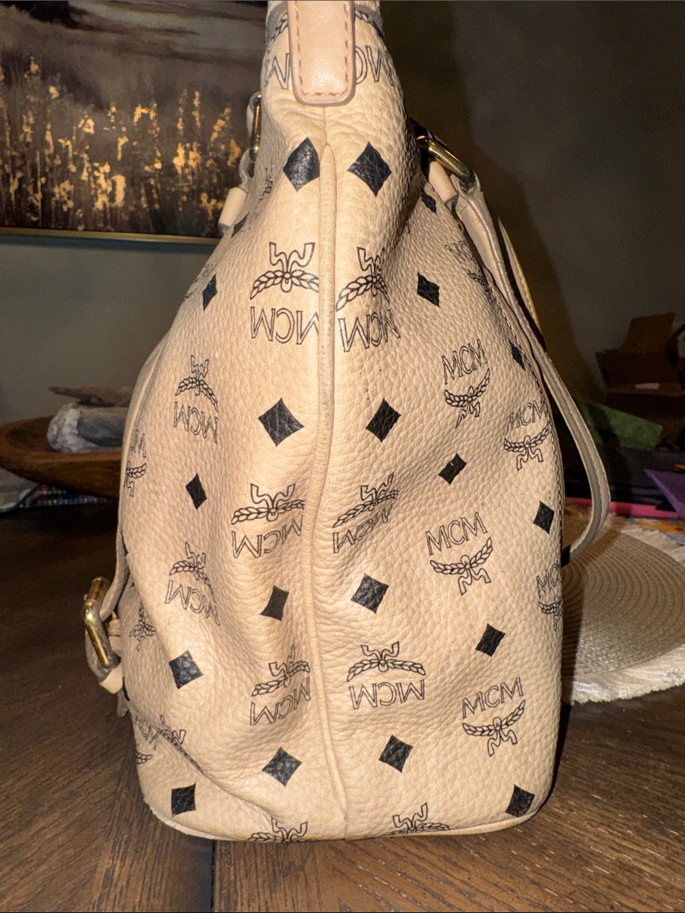 MCM Visetos Beige Monogram Shoulder Bag with Gold Hardware - Picture 9 of 14